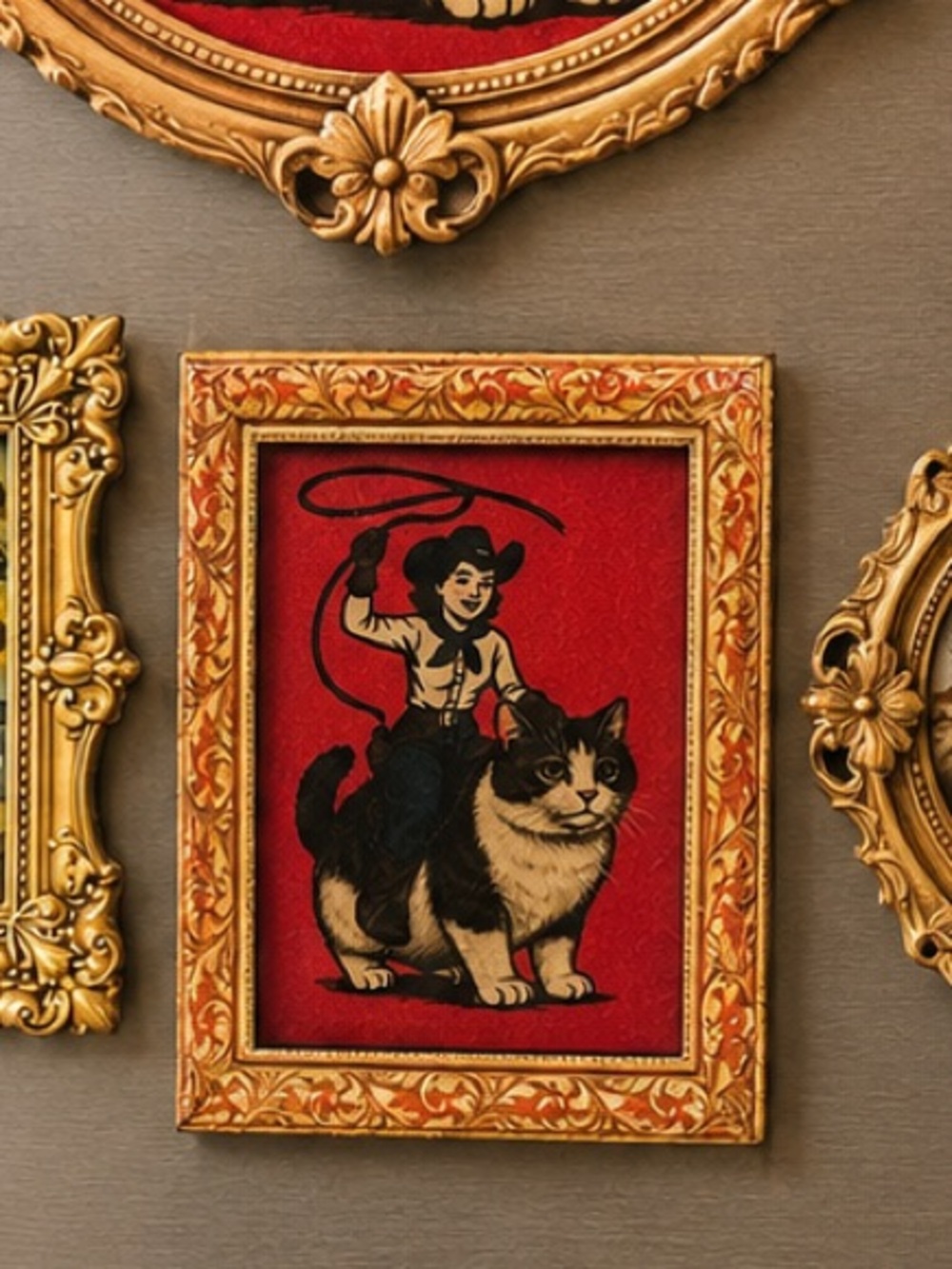 Cowgirl Riding Cat Framed Magnet Mini Decor